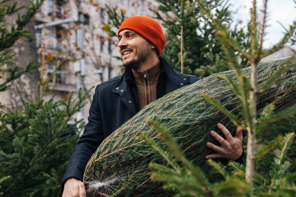 A cheerful man in a vibrant orange hat carries a wrapped Christmas tree, surrounded by evergreens, evoking a festive and joyful holiday atmosphere.